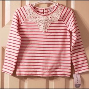 New Girls Shirt Carter’s Red & White Striped Long Sleeve Shirt Top Girls Sz 3T